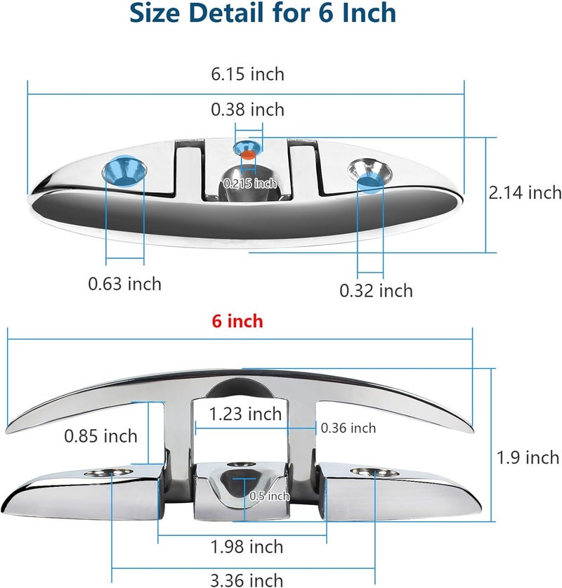 DEDU 4-1/2" Folding Boat Cleat 316 Stainless Steel, Marine Flip Up Dock Cleat 2 Holes, Boat Folding Cleat 6 Inch with Fasteners and Back Plates for Dock Lines Mooring Accessories (4 Pack) - Image 2
